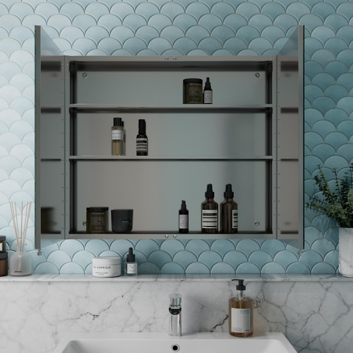 Double Door Stainless Steel Mirror Cabinet 800 x 700mm Modern Bathroom Storage - Picture 2 of 12