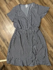 Naif Size L Ruffle V-neck Faux Wrap Dress Navy Blue Striped Anthropologie