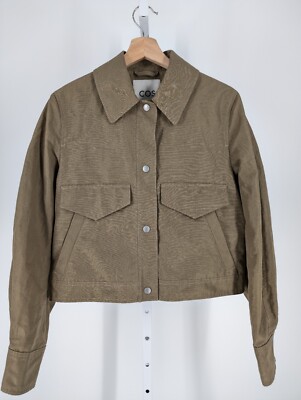 COS Linen Cotton Twill Olive Snap Button Crop Wide Jacket Size 8