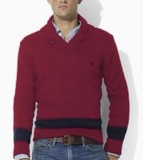 Vintage 90s Polo Ralph Lauren Shawl Collar Fisherman Red Sweater Men L Preppy