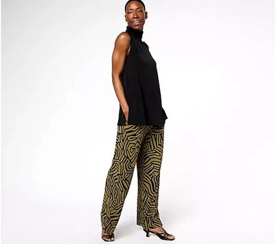 Susan Graver Printed Liquid Knit Pants with Slits Antique Moss 4X  A607351