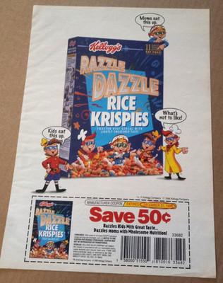 1998 print ad - Kellogg's Razzle Dazzle Rice Krispies cereal Snap Crackle Pop AD