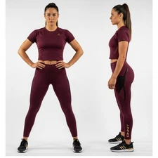 Virus x Onnit Hi-Waist Performance Leggings M Women Maroon Gold Logo Training