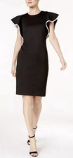 Sz 4 Calvin Klein Ruffle Cap Sleeve Sheath Dress Black White Womens Women’s