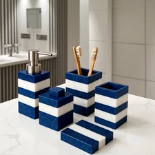 Quartz & Lapis Bathroom Set – Tissue Box Soap Dispenser & Case, Brush Holder Dec