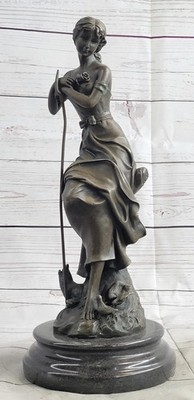 Art Nouveau Sexy Maiden Holding Rose Flower in Garden Bronze Sculpture Statue