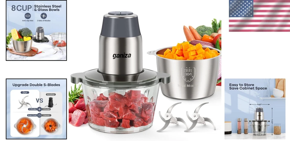 Food Processor Electric Chopper with 2 Bowls and 450W Copper Motor for Veggie... - Image 2 of 4
