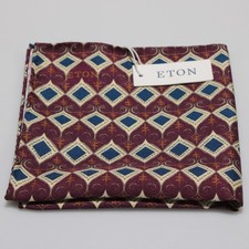 Eton NWT 100 Silk Pocket Square In Red / Blue / Beige Geometric Print