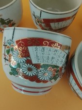 Vintage Japanese Kutani Tea Cups Set 5 Signed Gyokuzan Gold Fan Poetry
