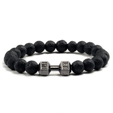 Natural Lava Stone Bracelet Matte Black White Beads Dumbbell Fitness Jewelry