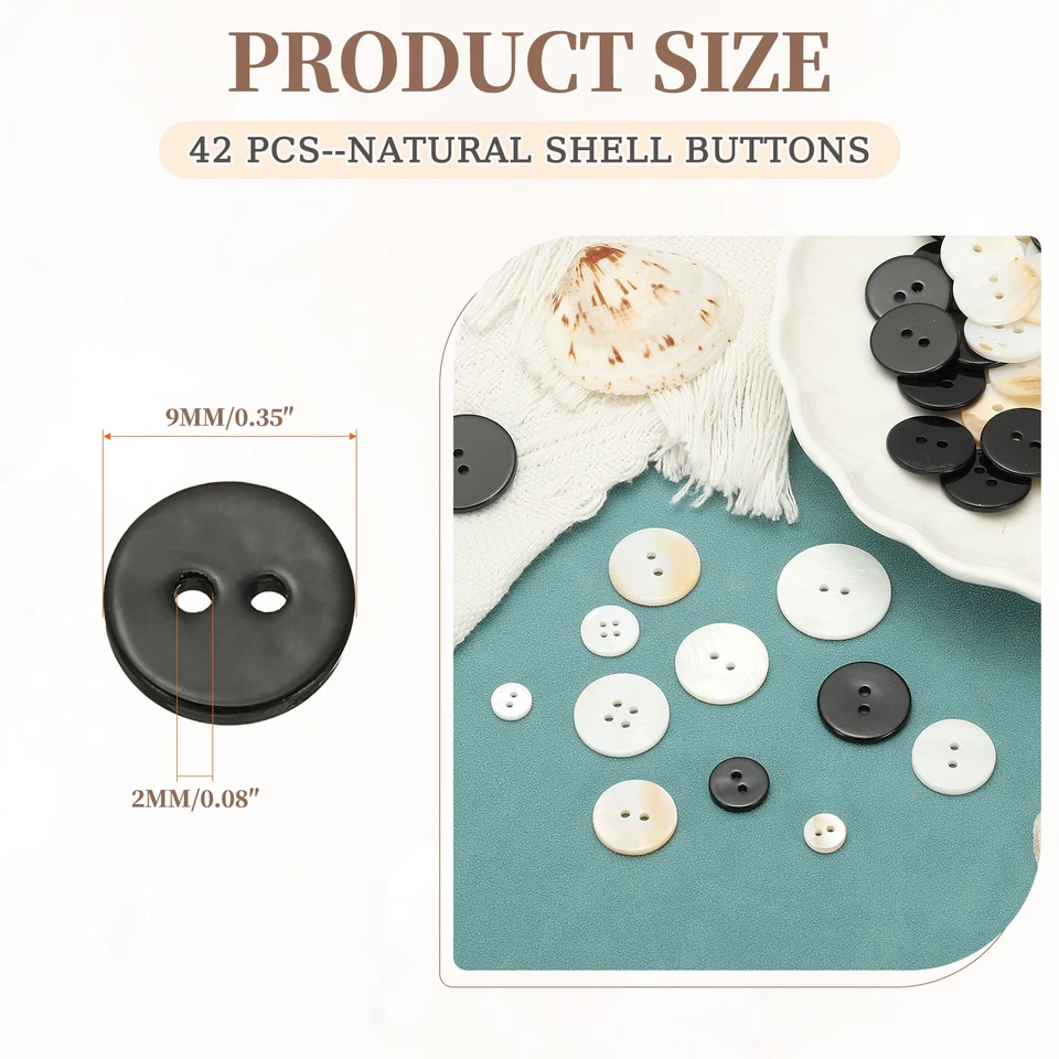 42 Piezas Botón Natural Shell, 2 Agujeros 9mm Redondo Madreperla Botones, Negro Foto 2 de 4