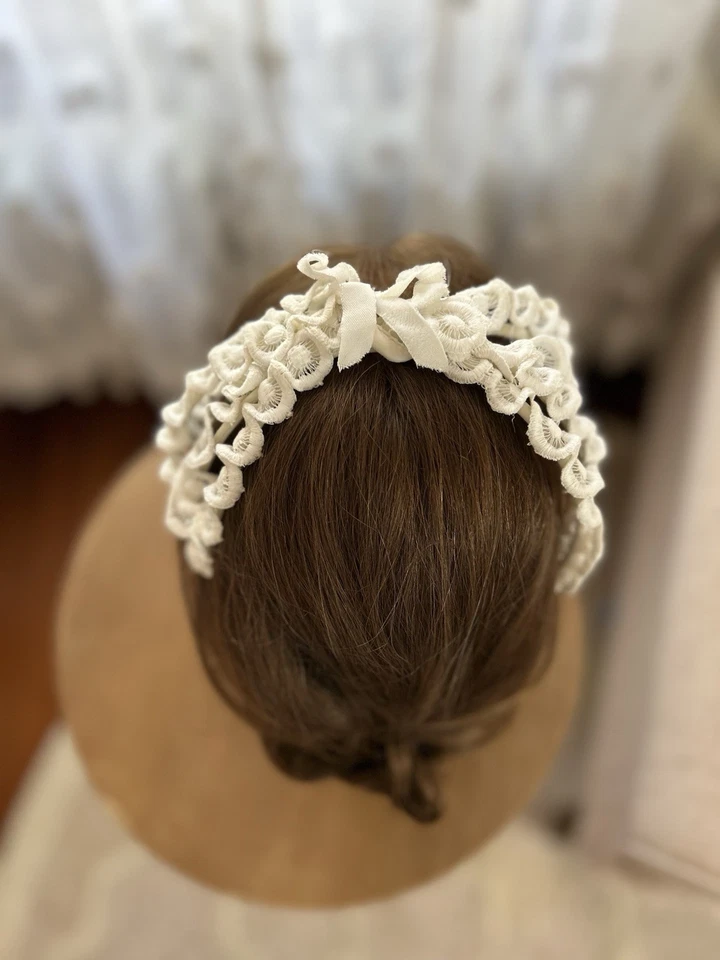 Винтажная белая кружевная свадебная повязка на голову - Изображение 2 из 4