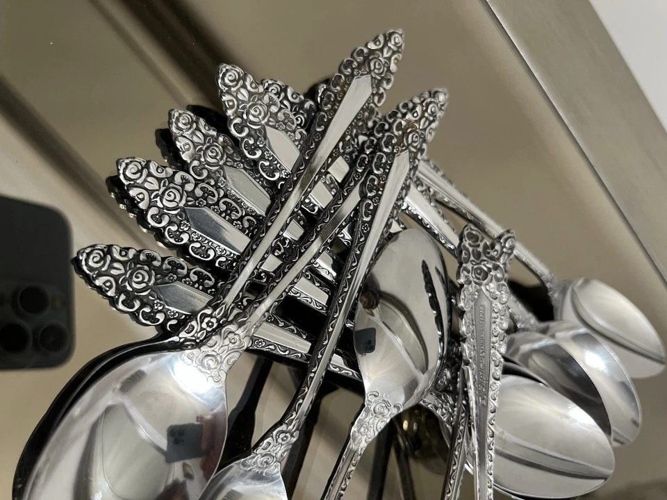 Lifetime LCU57 Stainless Japan ROSES Scrolls Glossy Silverware Teaspoon 16 pc - Image 2 of 4