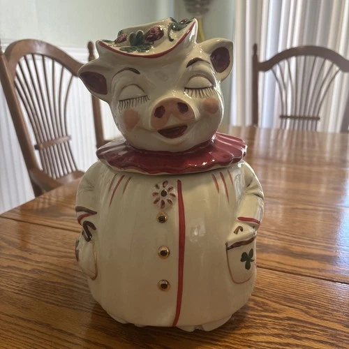 RARE VTG Shawnee Pottery Red Winnie Pig Cookie Jar USA Clover Shamrock 1940’s