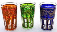 Moroccan Tea Glasses-Multiple Colors-Gold Tone Trim-Holds 1/2 cup each-Set of 3