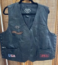 VTG Patchwork Black Leather Motorcycle Biker Vest Eagle XL OOAK Patches PINS