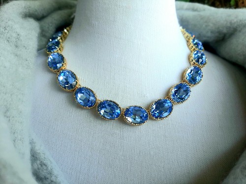 Light Sapphire Oval Riviere Necklace Gold Art Deco Choker Anna Wintour Jewelry - Picture 3 of 6