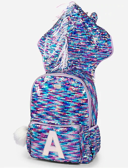 Justice Hooded Flip Sequin Unicorn Initial A Backpack Purple New!