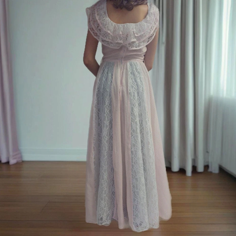 Vintage Prom Dress Halloween Costume Pink Lace Handmade Prairie Cottagecore Gown - Image 3 of 4