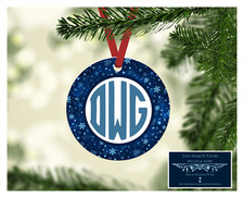 SET OF 4 MONOGRAM INITIALS METAL BLUE CHRISTMAS ORNAMENT SNOWFLAKE D19