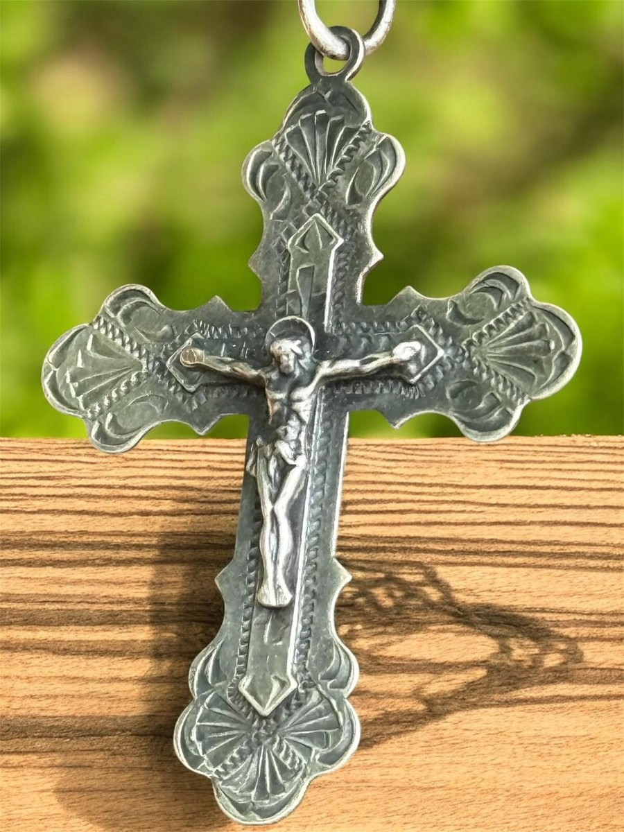 Antique Cross Jesus Silver 925 Pendant Jewelry Crucifix Chain Women Men  Rare Old