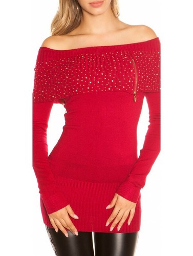 Maglione lungo donna nero rosso con scollo a barca brillantini cerniera |  eBay