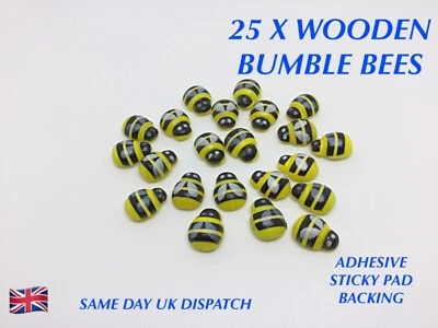 BITS & BOBS 25 X WOODEN BUMBLE BEE EMBELLISHMENTS CRAFTS CARD MAKING DECORATION ADHESIVE PAD