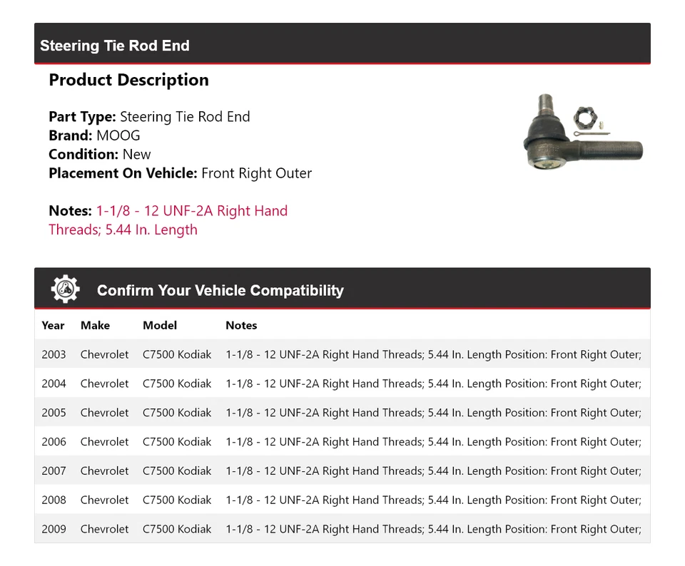Extremo de barra de dirección exterior delantero derecho MOOG para Chevrolet C7500 Kodiak 2003-2009 Foto 2 de 4