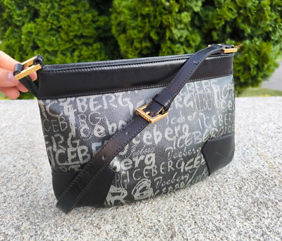 Iceberg Black gray leather monogram logo shoulder bag baguette
