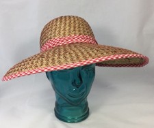 Women Natural Pandan Straw Sun Cap Wide Brim Visor Tan Red Gingham