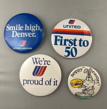 Vintage United Airlines Buttons Pinback Pins Denver 3” Diameter (Lot of 4)