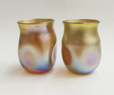 Pair LCT Tiffany Gold Iridescent Glass Miniature Vases #T2596
