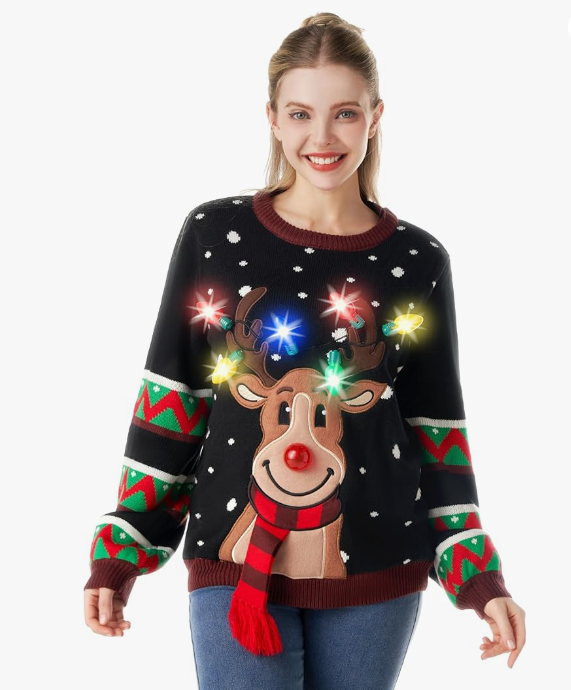 Womens LED Light Up Black Reindeer Christmas Ugly Sweater with Light Bulbs,Large