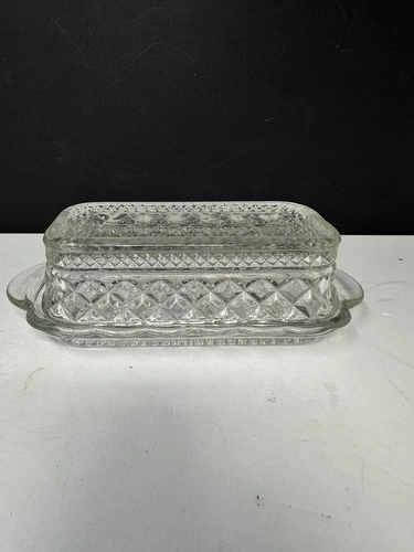 Vintage Anchor Hocking Wexford Diamond Pattern Pressed Glass Covered Butter Dish