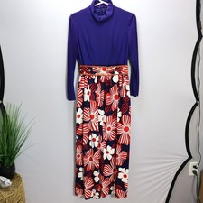 Vintage 1970s Maxi Dress Purple Mock Neck Floral Skirt Long Sleeve Boho