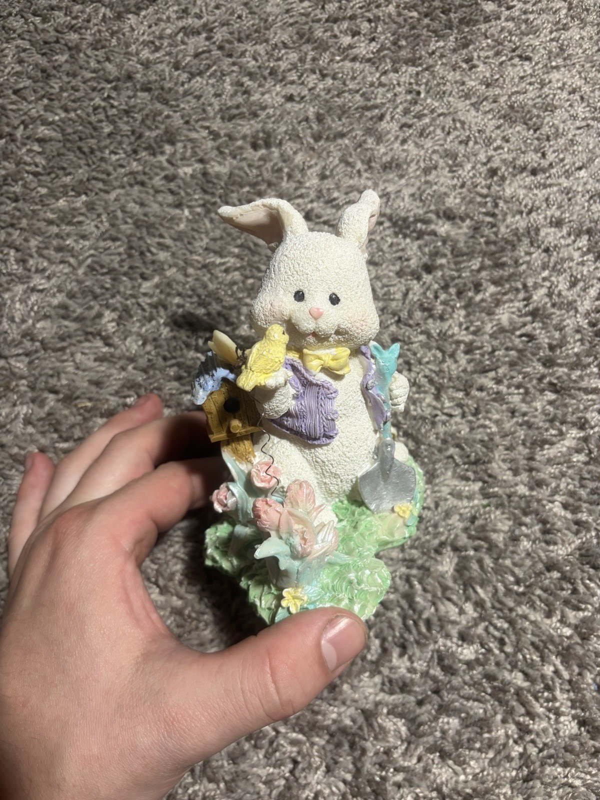 Easter Bunny Figurine Spring Decor Rabbit w/ Birdhouse Flowers Resin