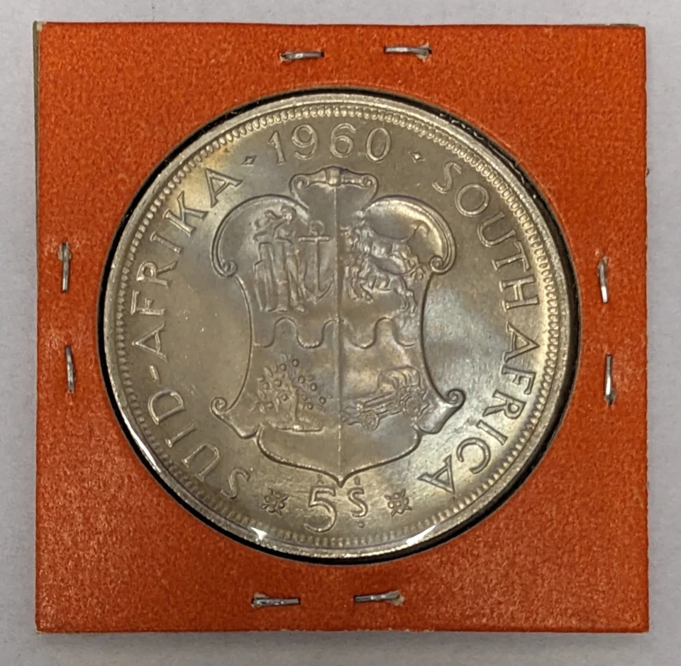 1960 South Africa .500 Fine Silver 5 Shillings Shield Uncirculated - Image 2 of 3