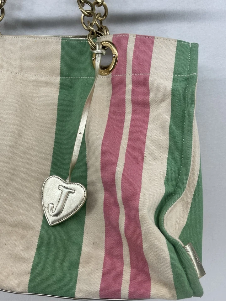 Bolso de Mano Vintage Y2K Juicy Couture Verde Y Rosa Rayas Lona Cadena Pesada Foto 3 de 4