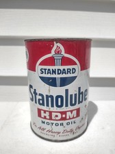 Vintage Standard Stanolube HDM Motor Oil Can Metal Quart Empty Flame Graphic