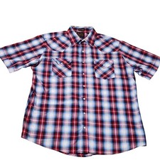 Plains Western Wear Shirt Mens LT Red Blue Plaid Short Sleeve Pearl Snap Tall