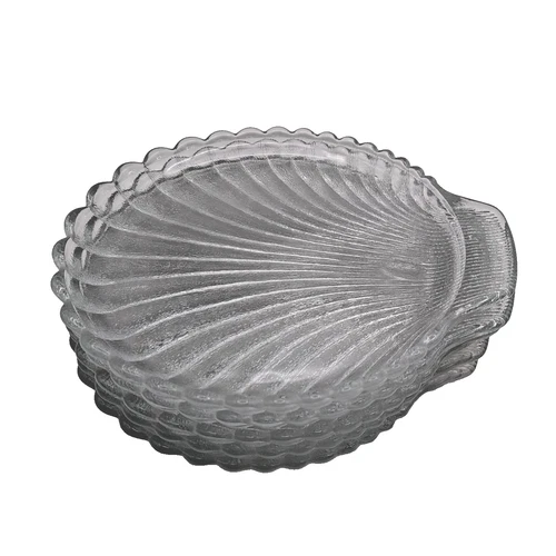 Vtg 1970s Glass 7" Plate Shell Footed Textured Set 5 Coastal Beach Clear Heavy