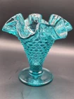 Blue Hobnail Art Glass Vase Glossy Decorative Textured Ruffled Edge 3.6"