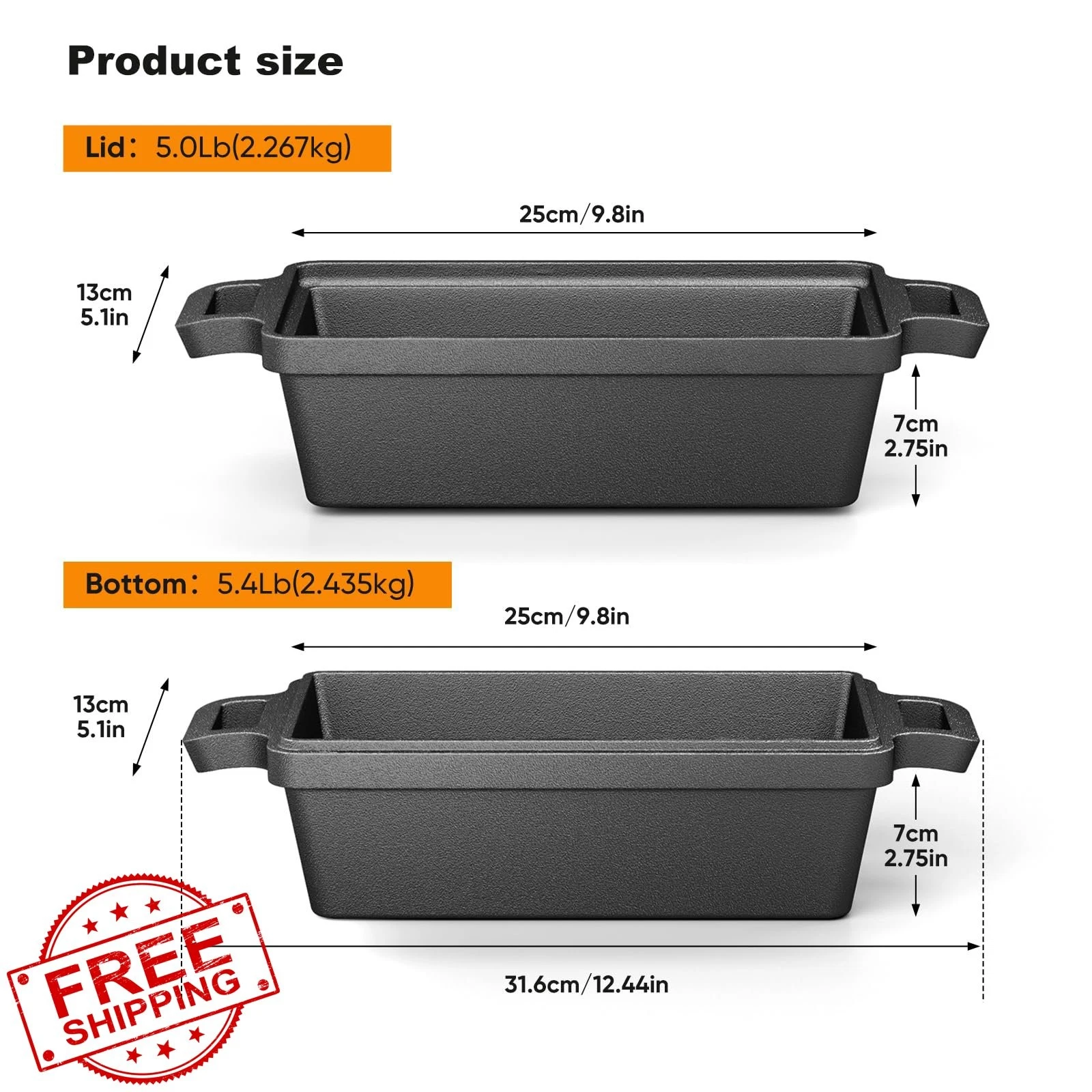 Heimekite 9x5" Cast Iron Loaf Pan with Lid 2pc Bread Baking