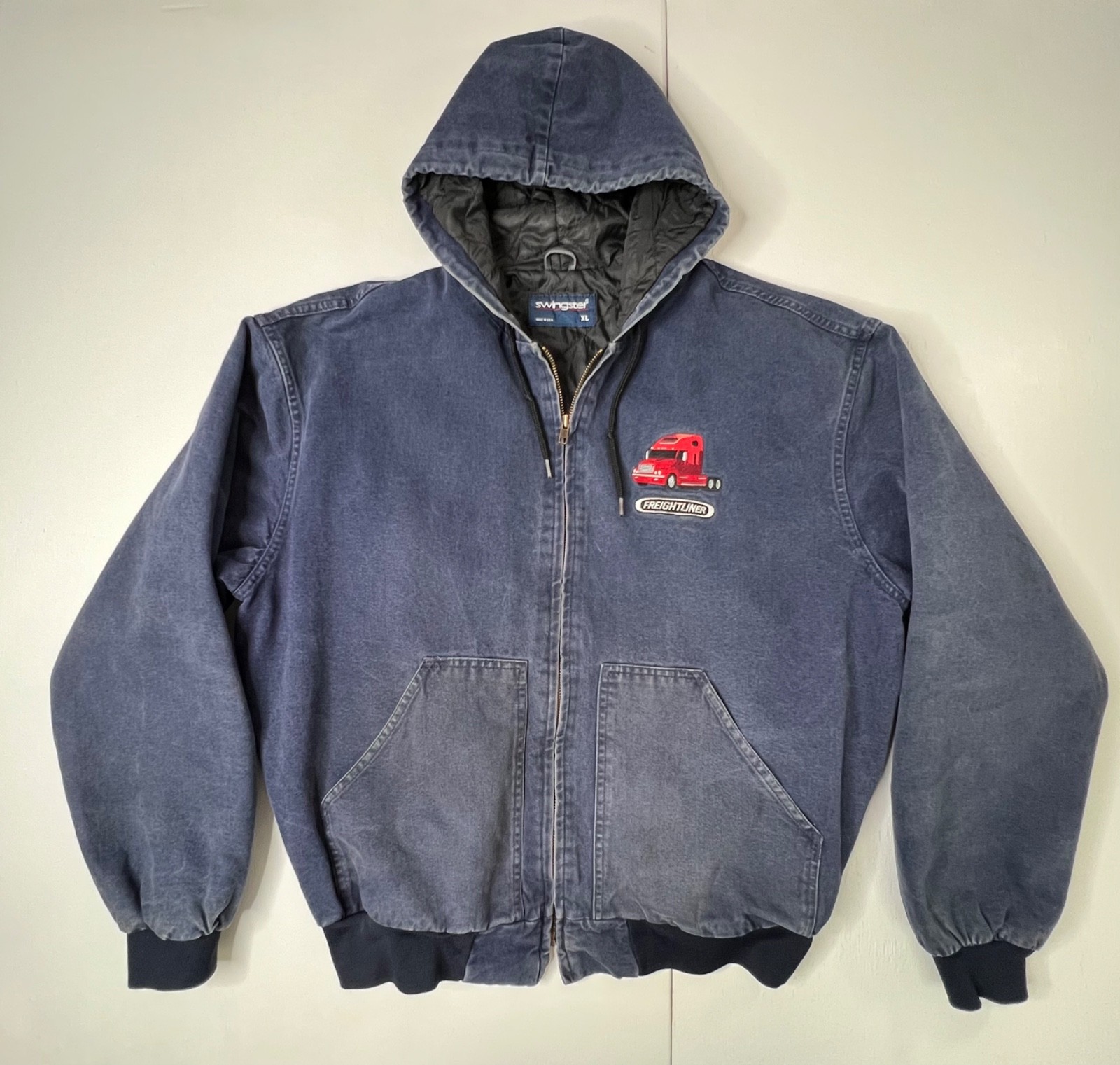 Swingster Vintage Freightliner Jacket Blue Denim Hooded USA Workwear Men's XL