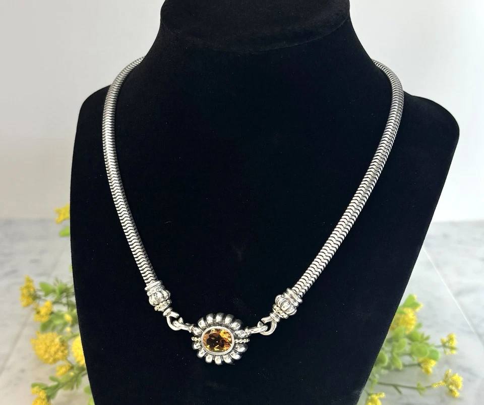 复古拉各斯鱼子酱纯银 925 18k 金黄水晶吊坠和项链 17.5 英寸 L — 第 3/4 张图片