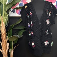 RARE Vintage Norma Kamali 1980s Black 100 Wool Doll Knit Sweater Vest Size L