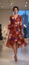 CHAPS Faux Wrap Hi Low Floral Dress Orange Red Belted 3/4 Sleeve Back Zip Size 4