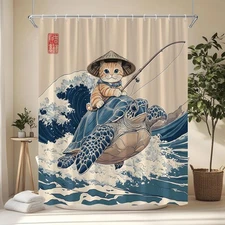 Japanese Cat Riding Turtle Shower Curtain, Ocean Wave Abstract Sea Animal 70x70