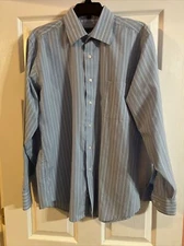 Geoffrey Beene Fitted Long Sleeve Dress Shirt 16 34/35 Blue With White Stripes