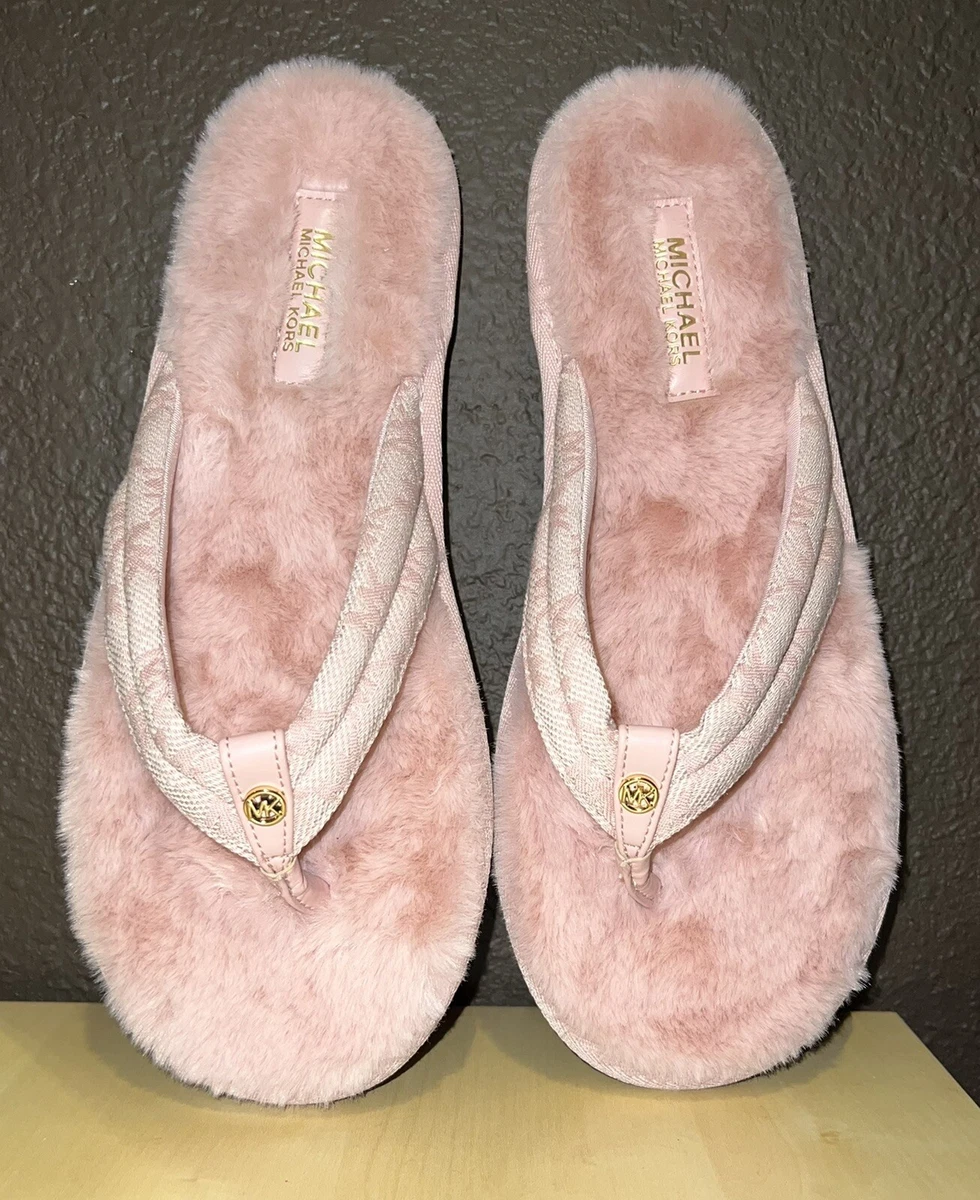 Michael Pink Faux Fur Gold MK Monogram Slides Slippers Flip Flops 10 | eBay